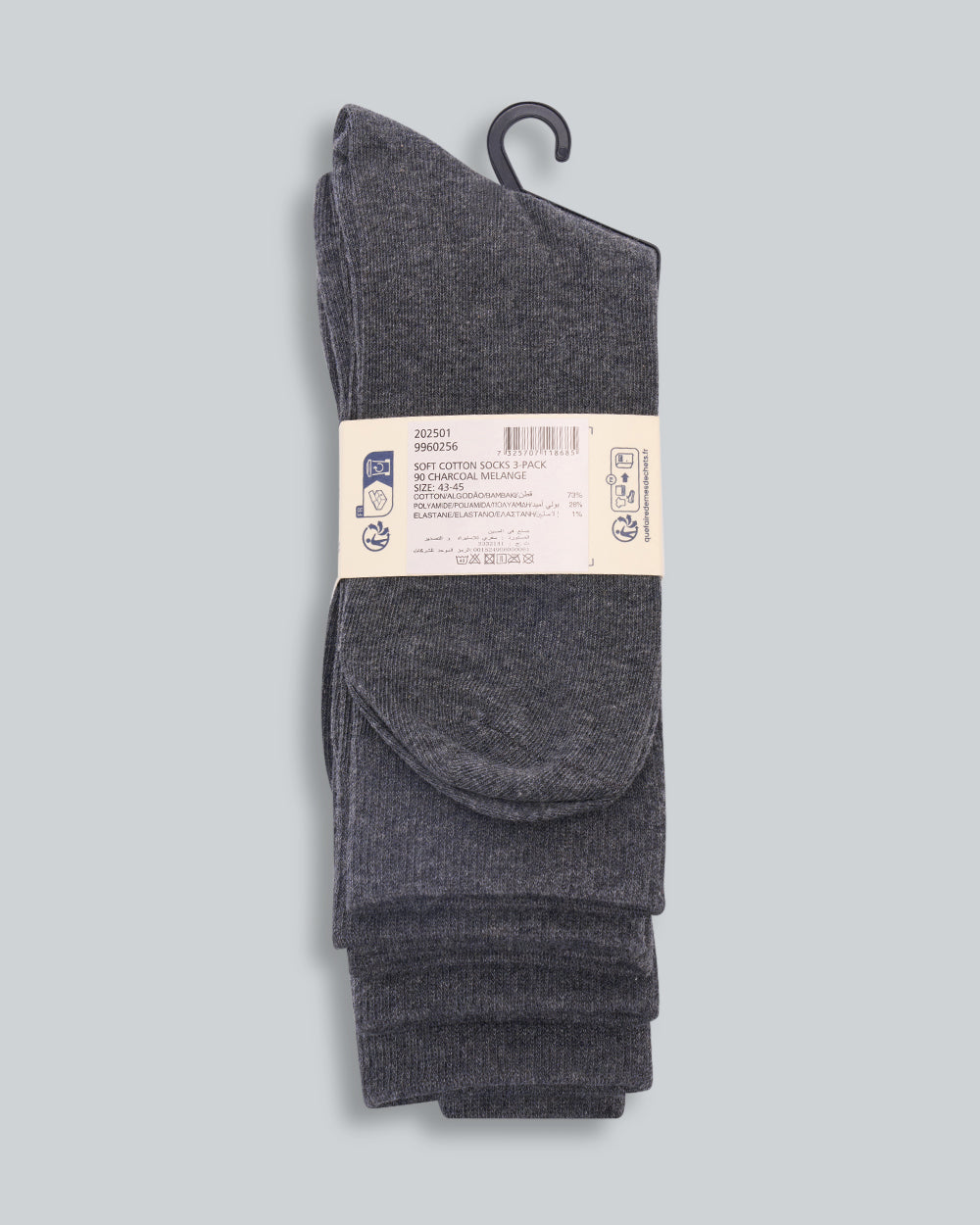 3-Pack Soft Cotton Socks Charcoal Melange / 43-45