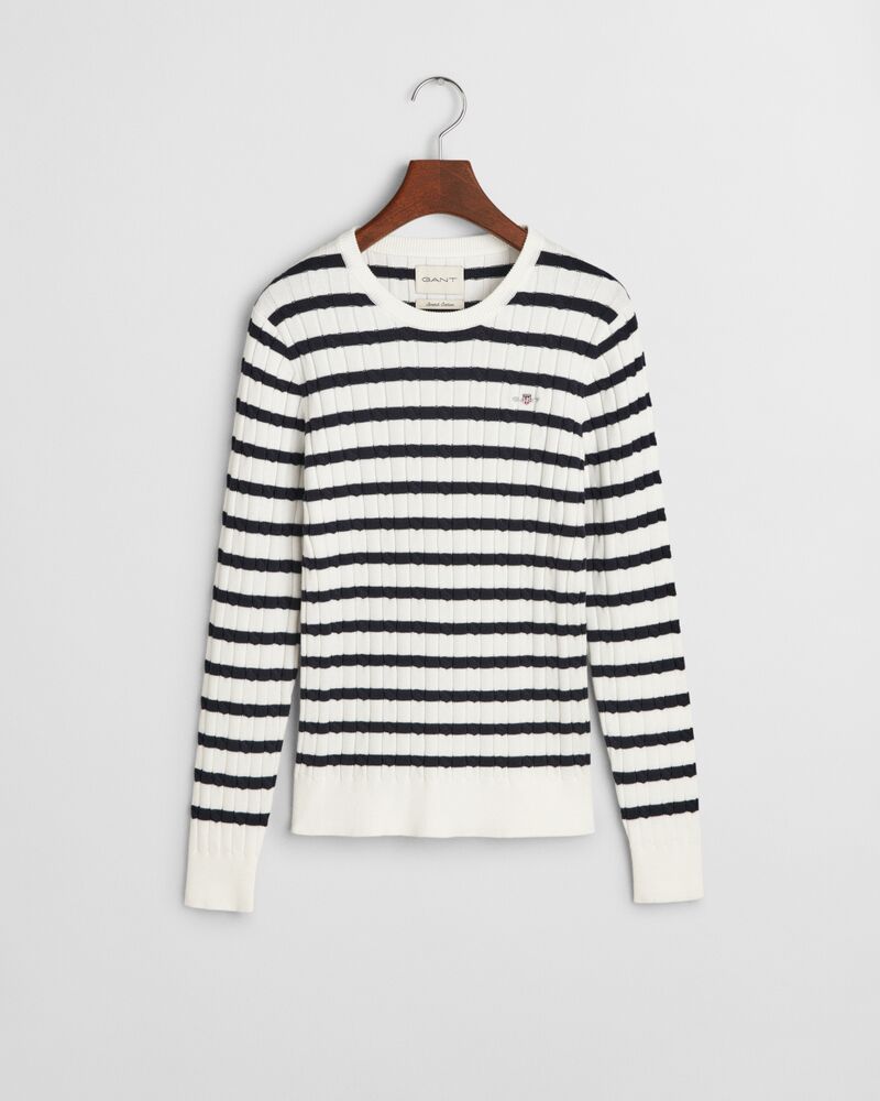 Striped Stretch Cotton Cable Knit Crew Neck Sweater White / S