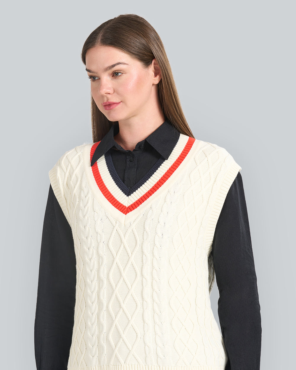 Contrast Cable Knit V-Neck Vest Cream / S