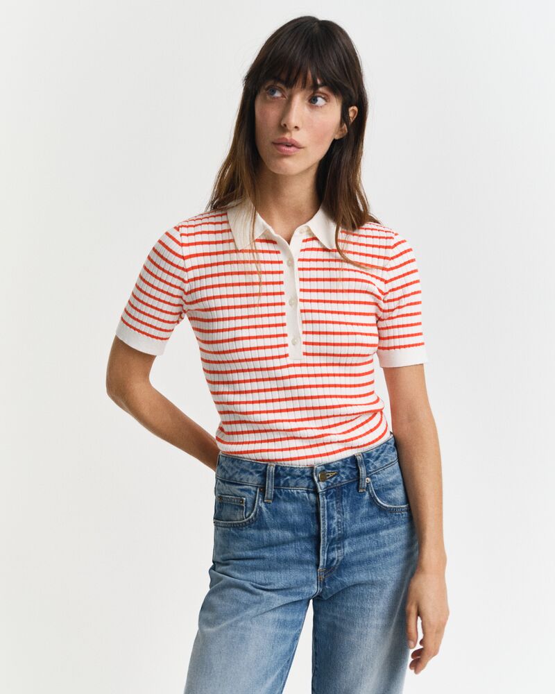 Striped Rib Knit Short Sleeve Rugger Red / S
