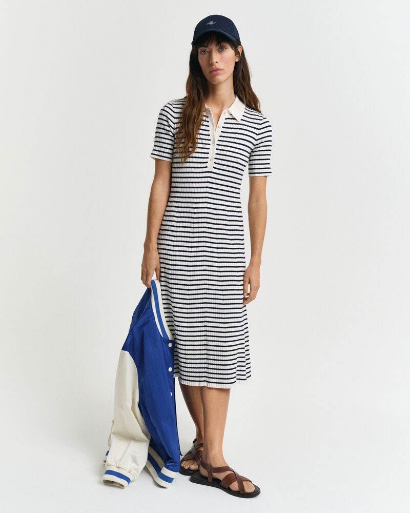 Striped Rib Knit Short Sleeve Rugger Dress Blue / S