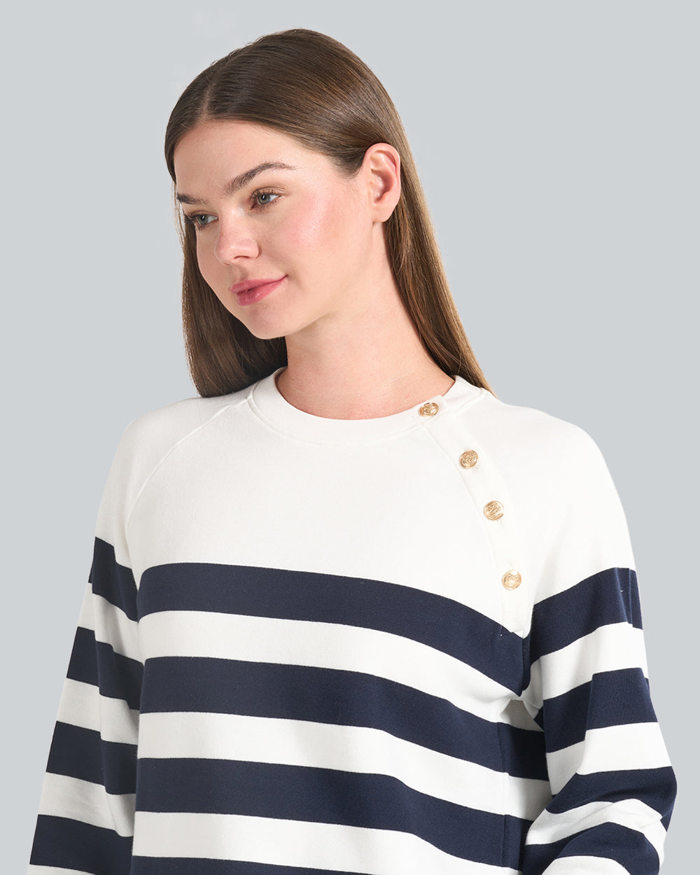 Striped Gold Buttoned Crew Neck Sweatshirt White / S