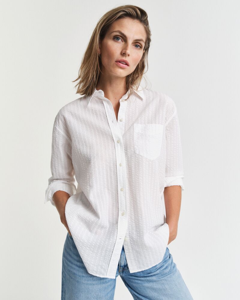 Relaxed Fit Tonal Striped Seersucker Shirt White / 32