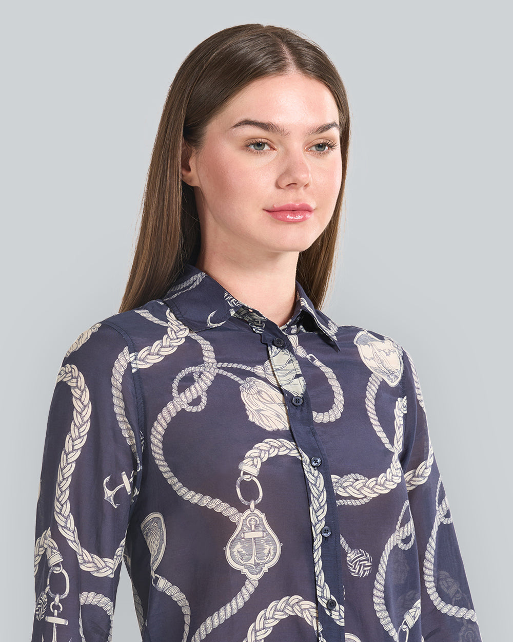Regular Fit Sailing Print Cotton Silk Shirt Blue / 32