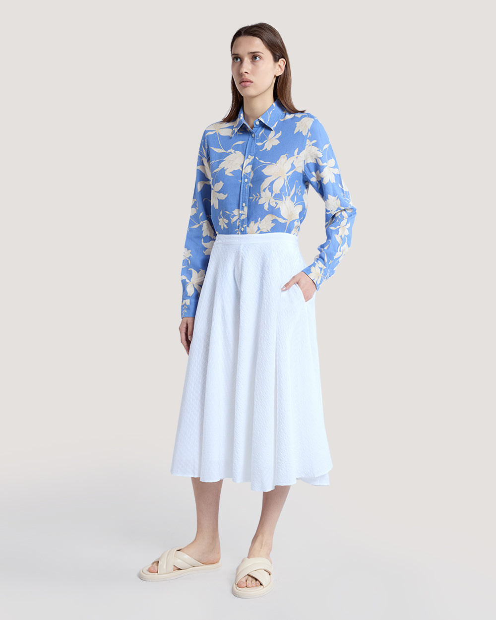 Regular Fit Floral Print Linen Shirt Blue / 36