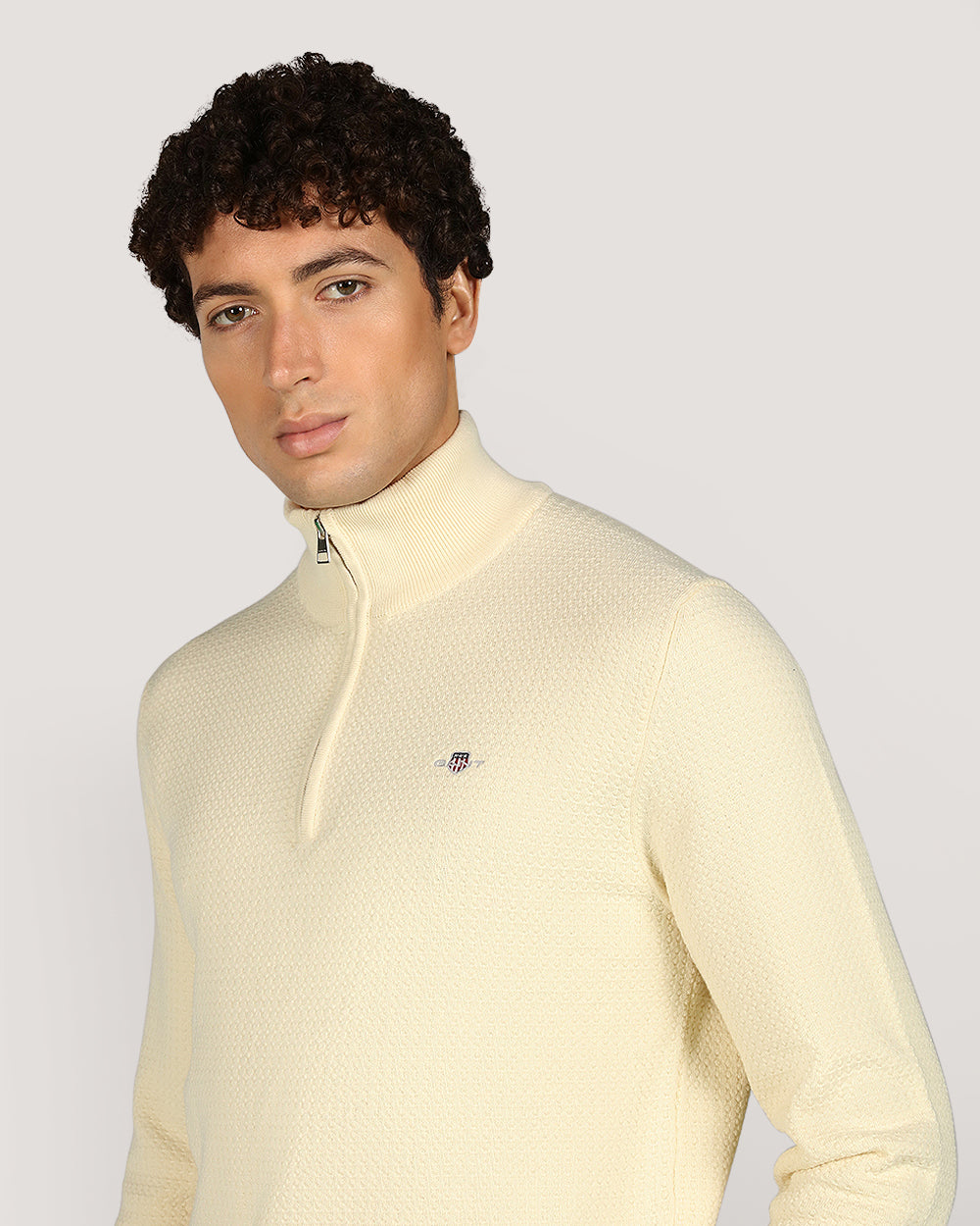 Gant Menswear Textured Cotton Half Zip Sweater CREAM / M
