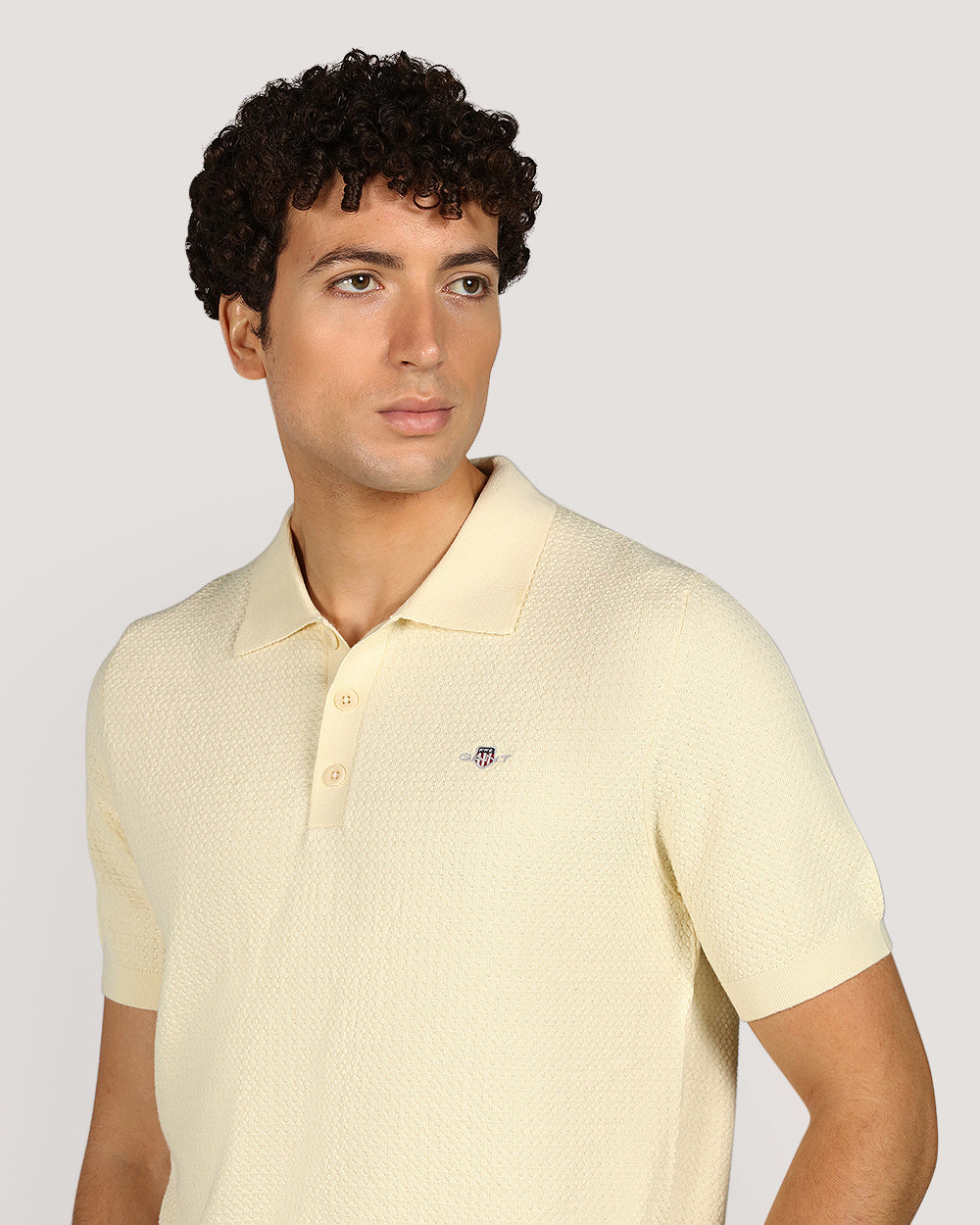 Gant Menswear Textured Cotton Short Sleeve Polo Sweater CREAM / M