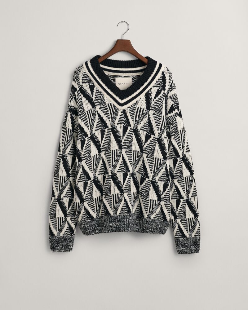Geometric Patterned V-Neck Sweater Black / S
