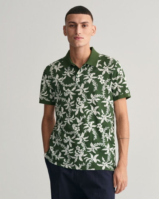 Palm Lei Print Piqué Polo Shirt S / PINE GREEN