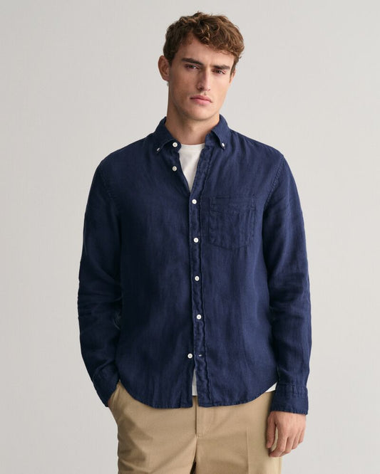 Regular Fit Garment-Dyed Linen Shirt S / MARINE