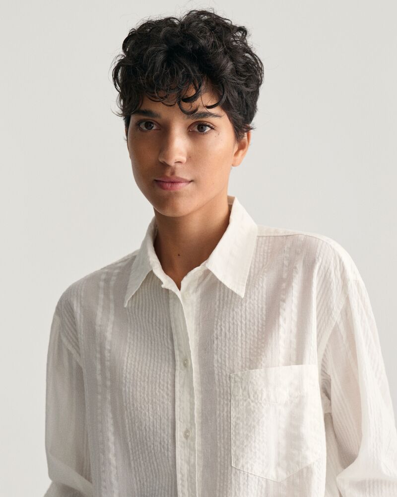 Relaxed Fit Seersucker Striped Shirt 32 / WHITE