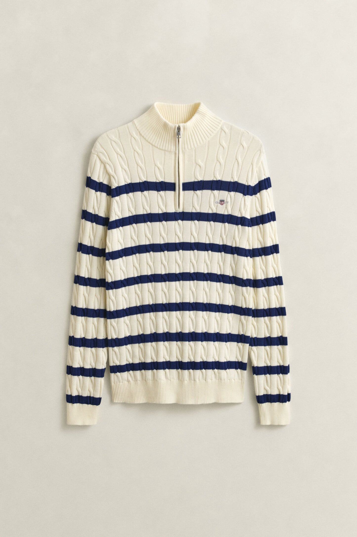 Striped Cotton Cable Half Zip Sweater