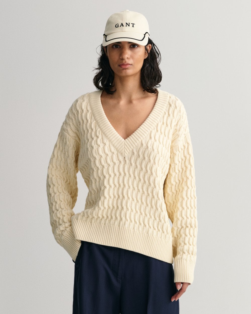 Textured Cotton V-Neck Sweater