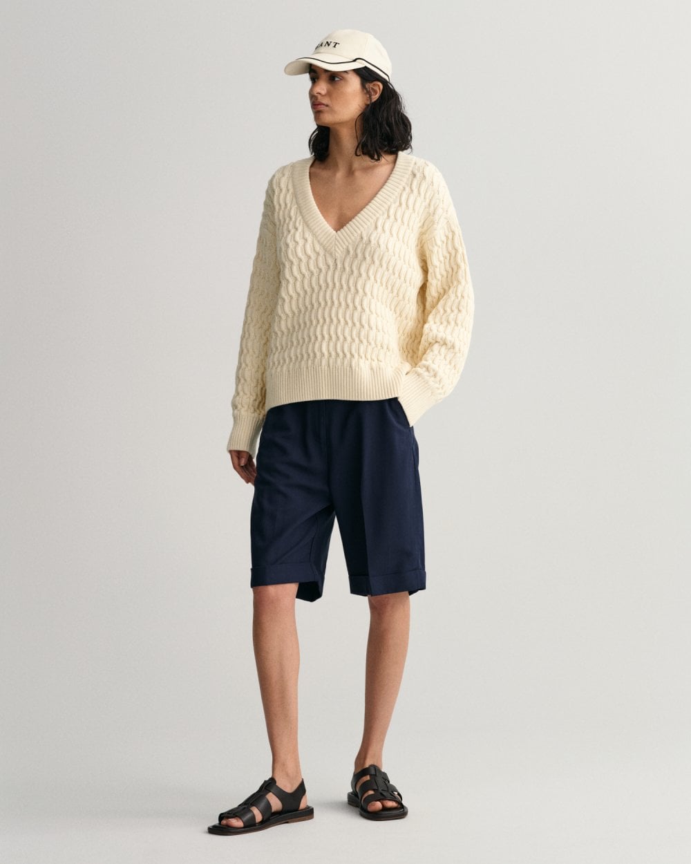 Textured Cotton V-Neck Sweater