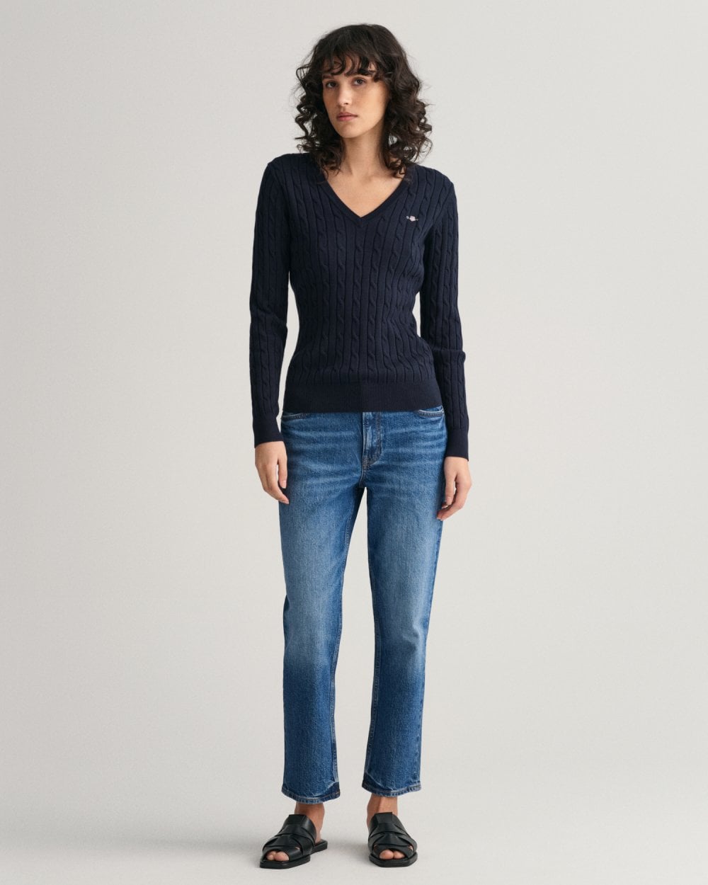 Stretch Cotton Cable Knit V-Neck Sweater