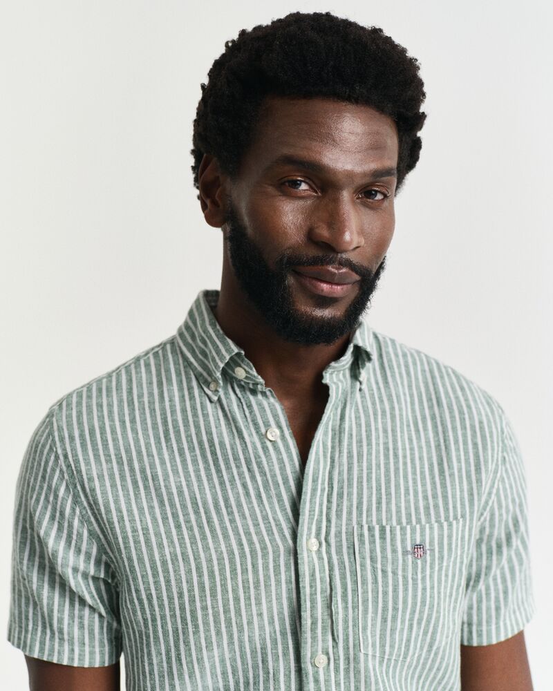 REG COTTON LINEN STRIPE SS SHIRT Green / S