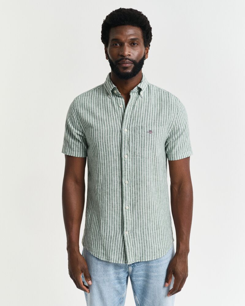 REG COTTON LINEN STRIPE SS SHIRT Green / S