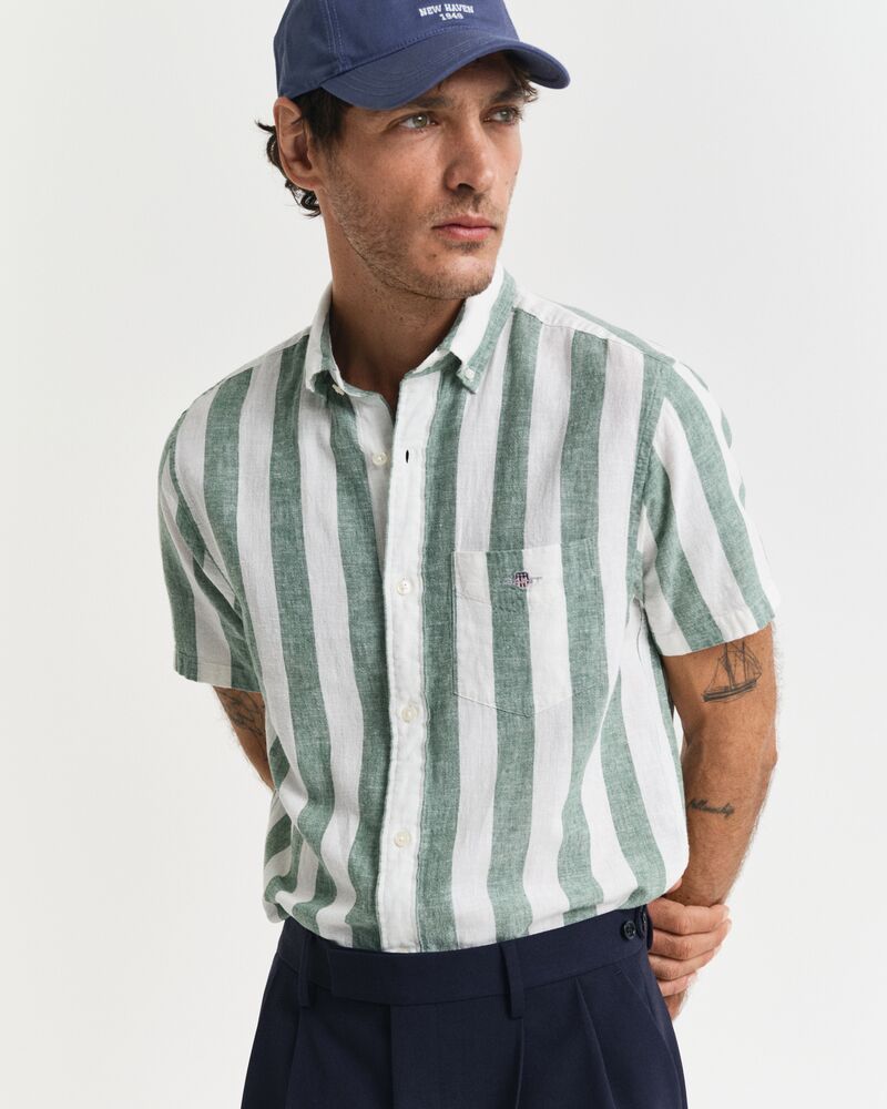 REG COTTON LINEN STRIPE SS SHIRT Green / S