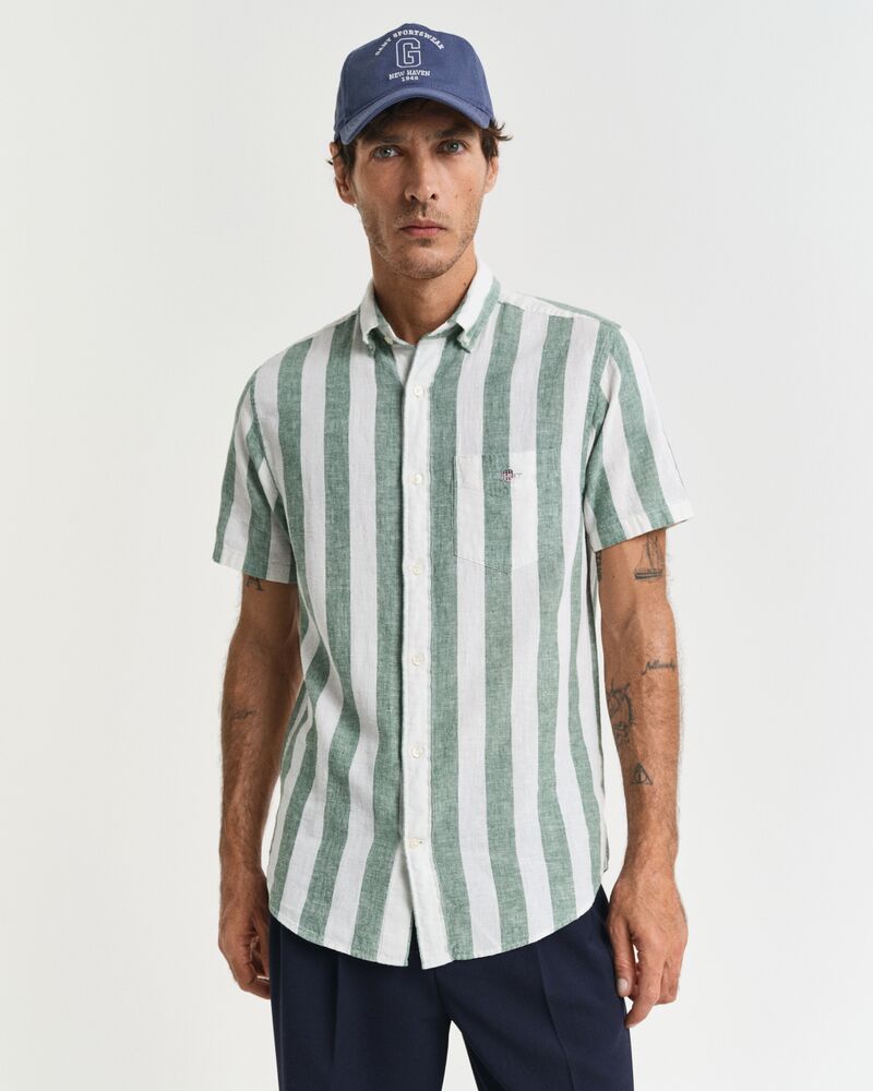 REG COTTON LINEN STRIPE SS SHIRT Green / S