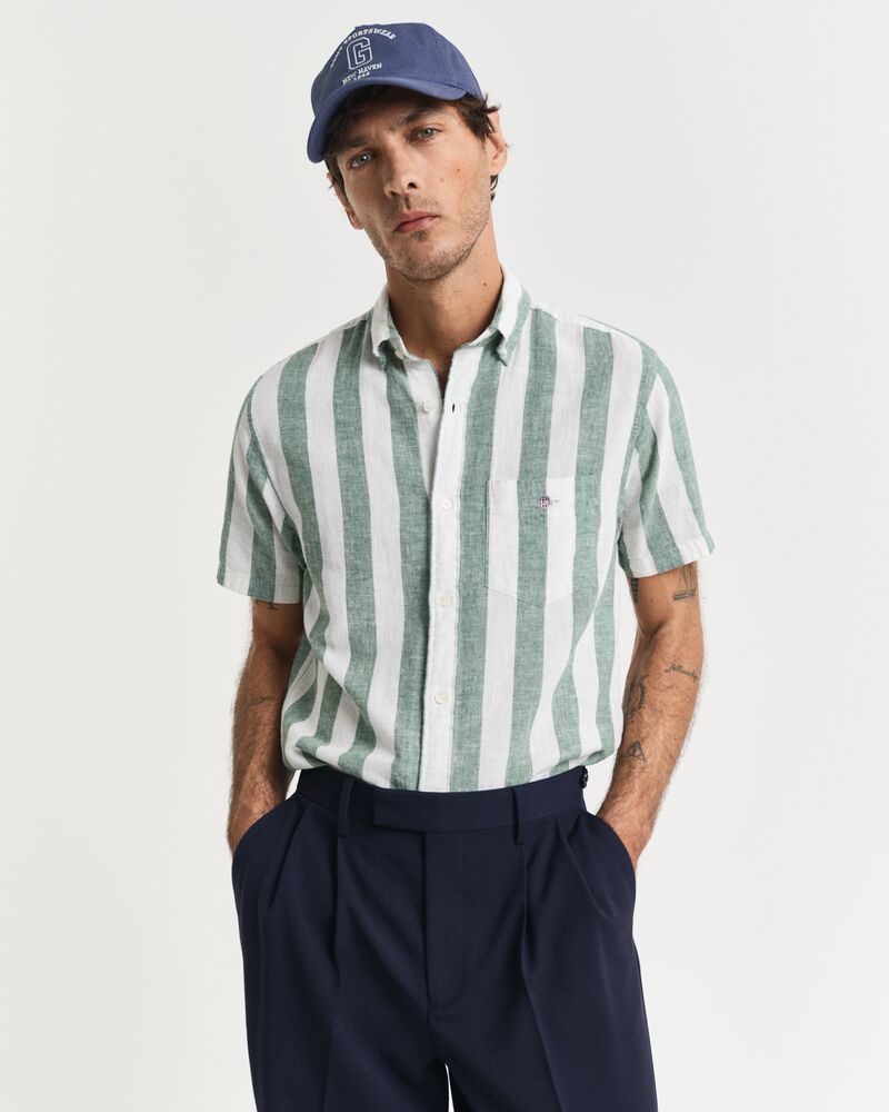 REG COTTON LINEN STRIPE SS SHIRT Green / S