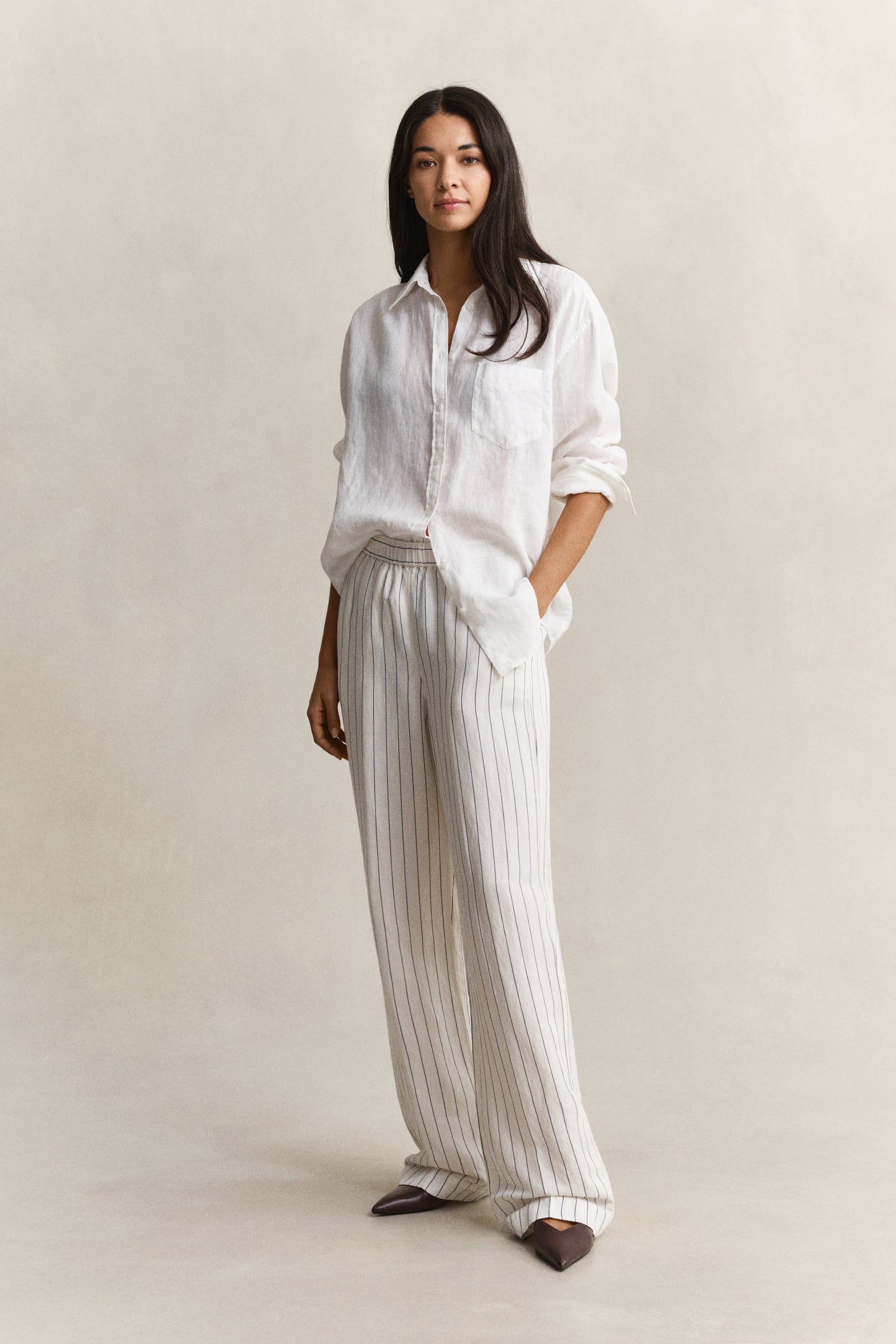 Striped Linen Blend Pull On Pants