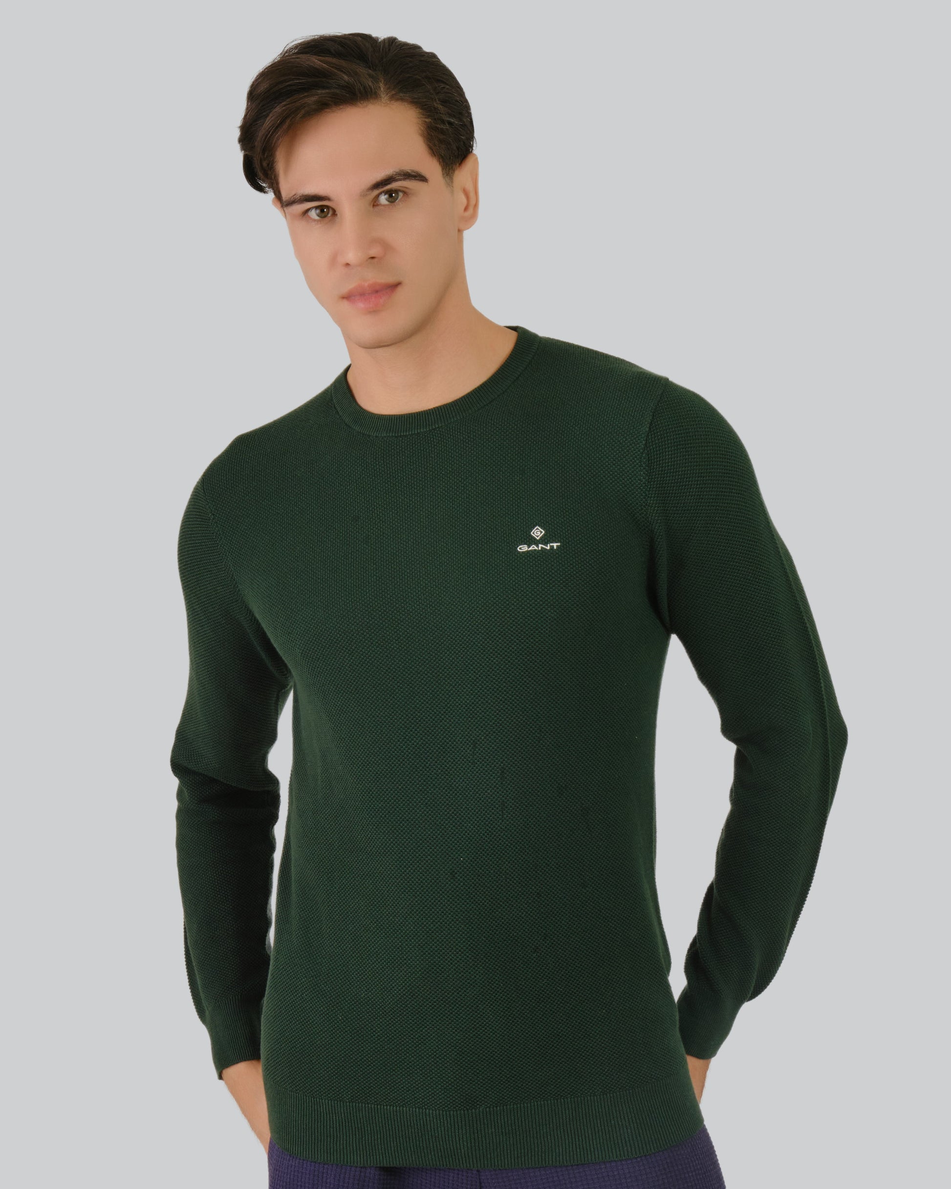 Cotton Pique Crew Neck Sweater Tartan Green / M