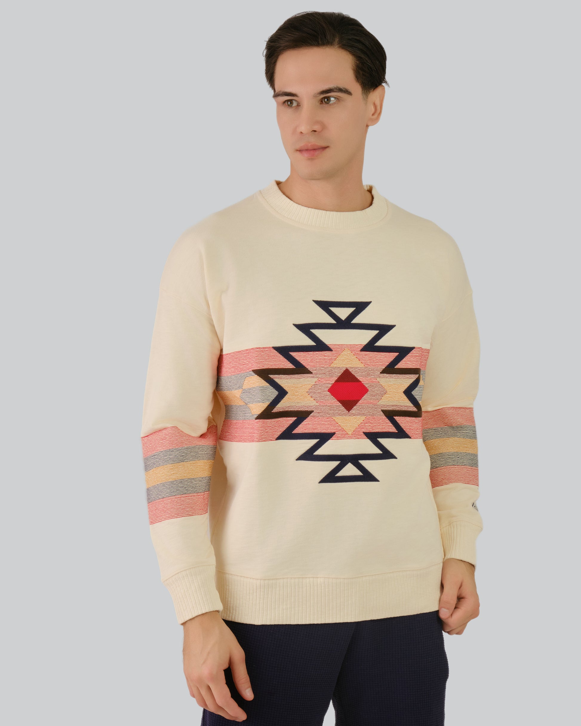 Geometric Relaxed C-Neck Sweat Cream / M