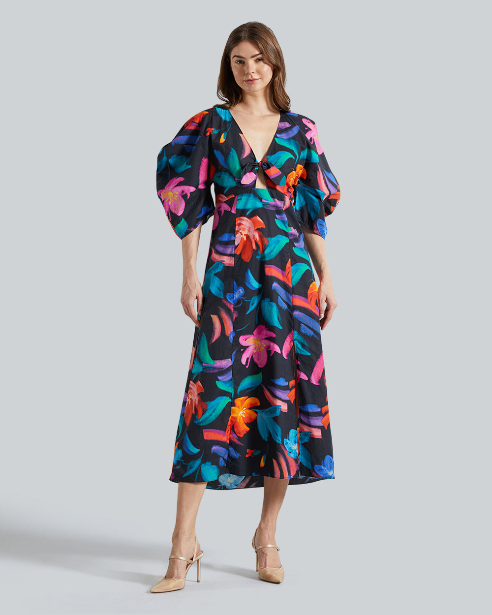 Gant Floral Print Volume Sleeve Dress – Feminine Silhouette, Vibrant Design Ebony Black / 36