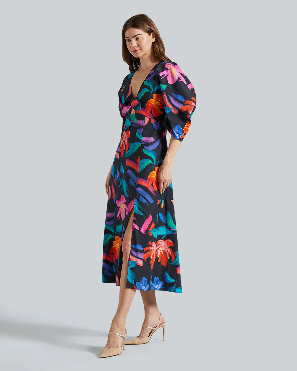 Gant Floral Print Volume Sleeve Dress – Feminine Silhouette, Vibrant Design Ebony Black / 36