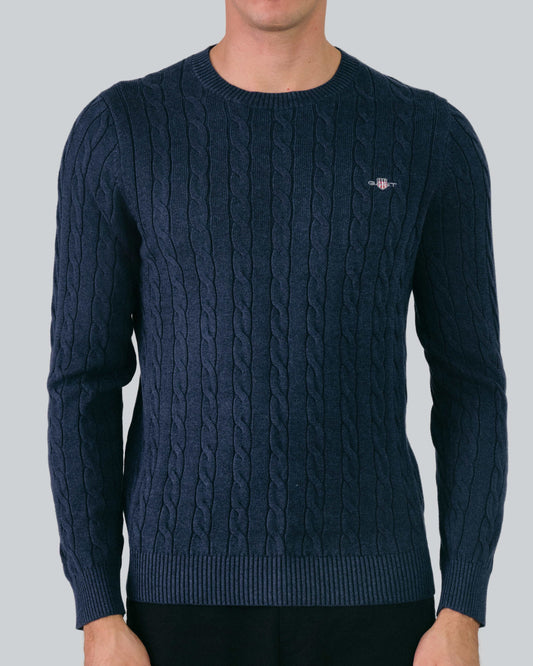 Cotton Cable Knit Crew Neck Sweater Marine Melange / M