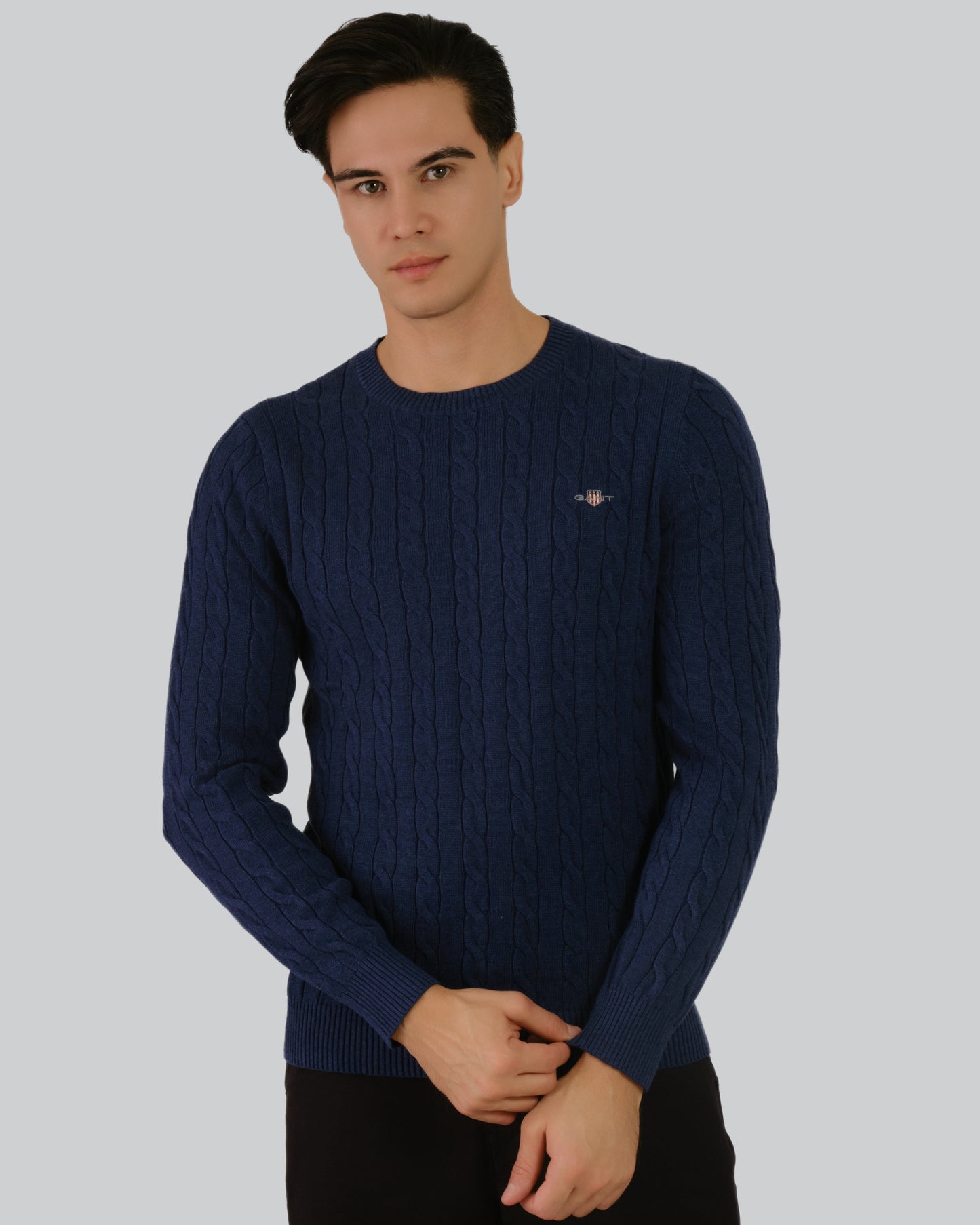 Cotton Cable Knit Crew Neck Sweater Marine Melange / M