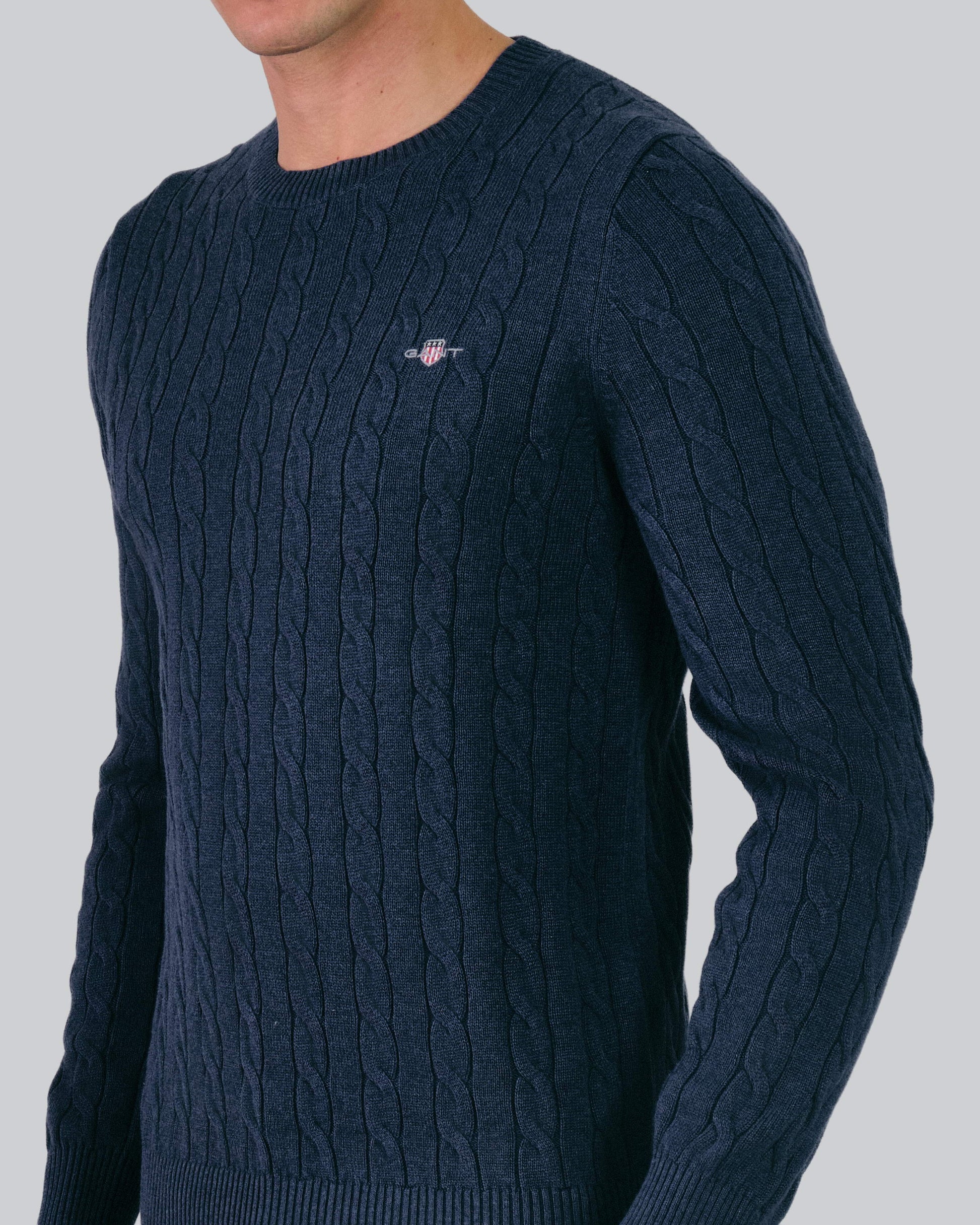 Cotton Cable Knit Crew Neck Sweater Marine Melange / M