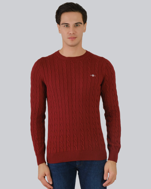 Cotton Cable Knit Crew Neck Sweater Plumped Red / M