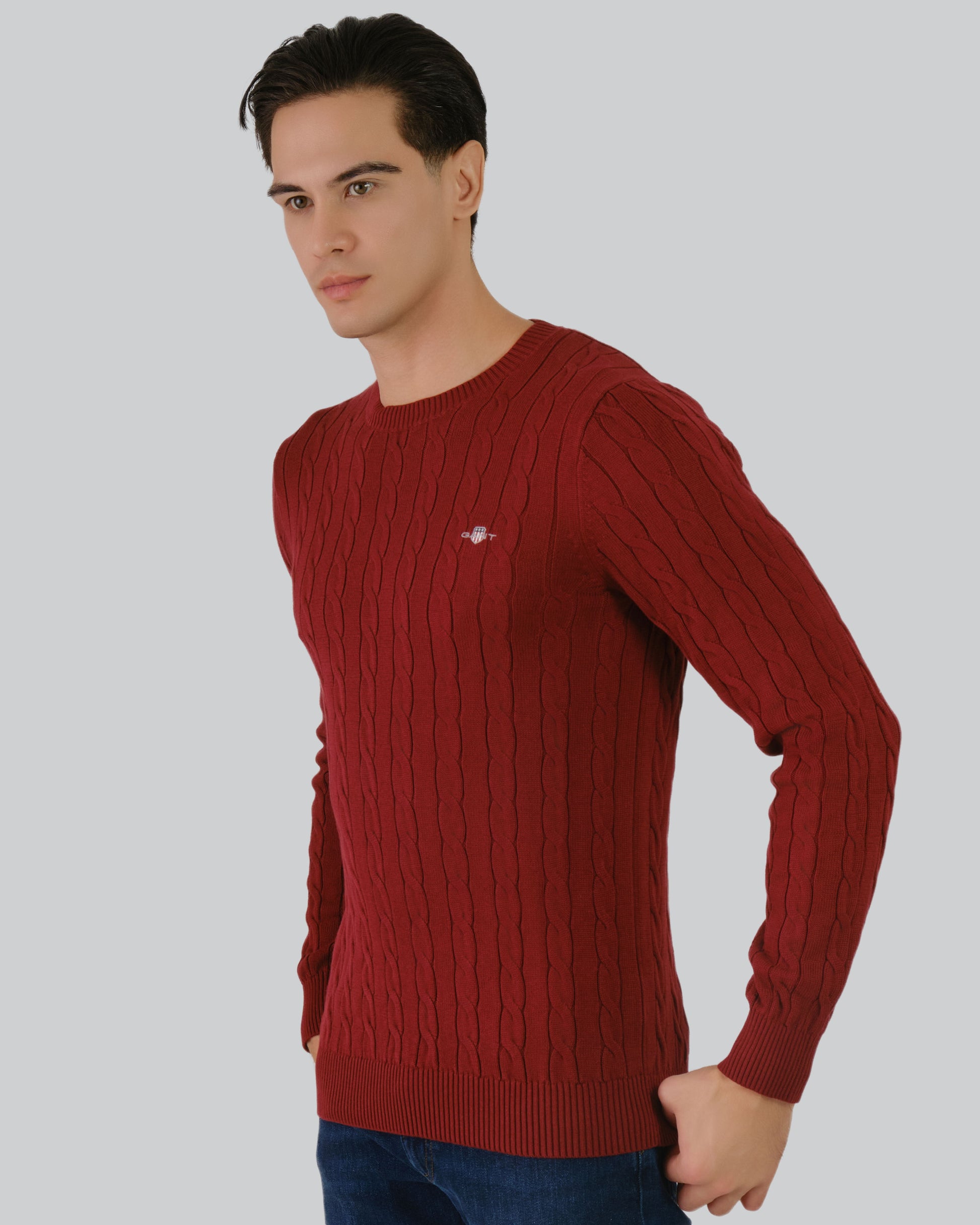 Cotton Cable Knit Crew Neck Sweater Plumped Red / M