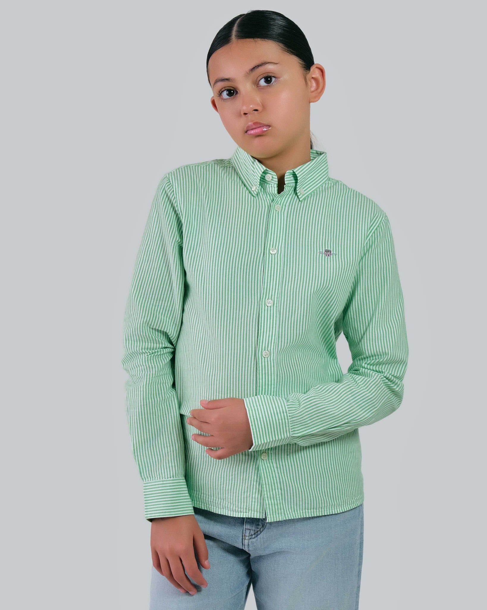 Teens Striped Oxford Shirt Slime Green / 146/152