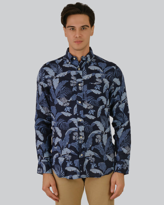 Regular Fit Linen Print Shirt Marine / M