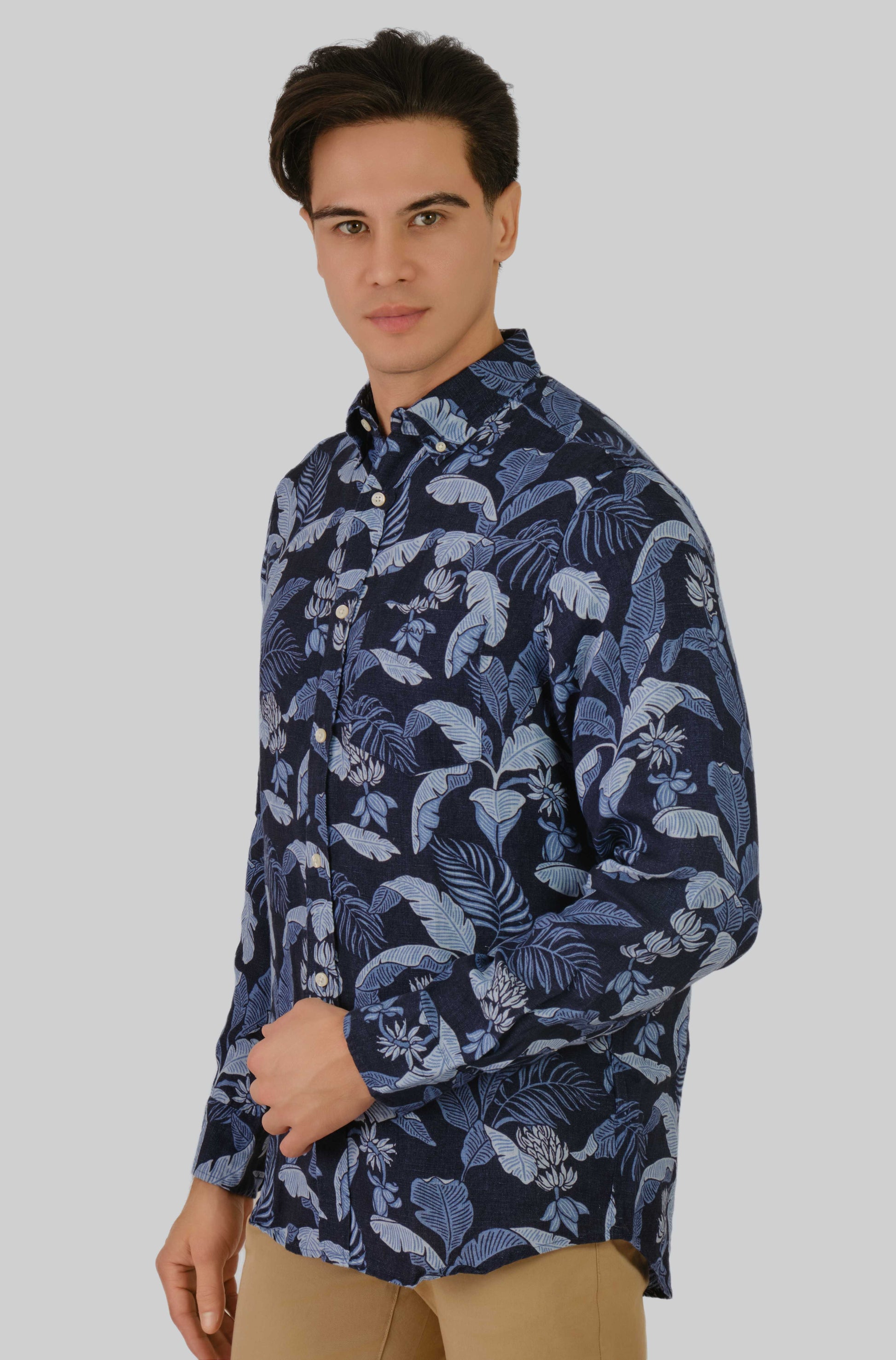 Regular Fit Linen Print Shirt Marine / M