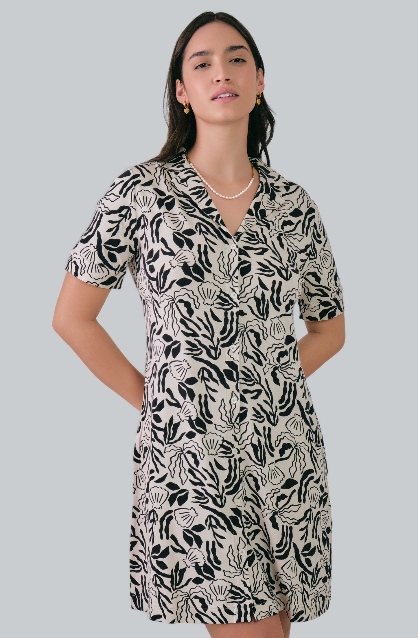 Palm Print Jersey Shirt Dress Soft Oat / M