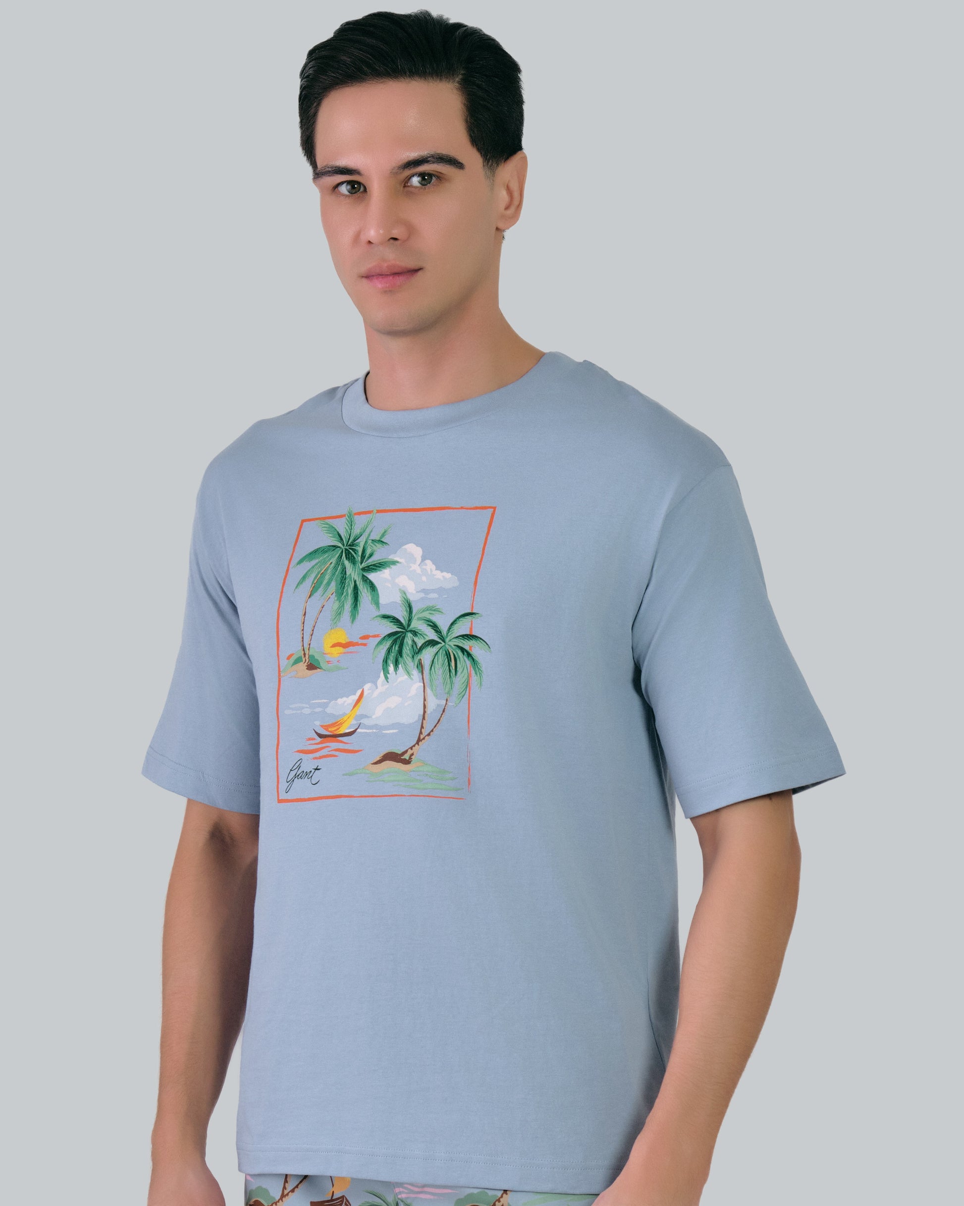 Hawaiian Printed T-Shirt M / DOVE BLUE