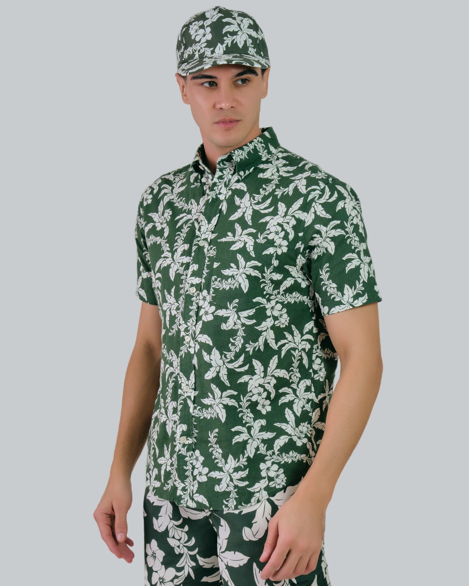 Regular Fit Cotton Linen Palm Shirt Pine Green / M