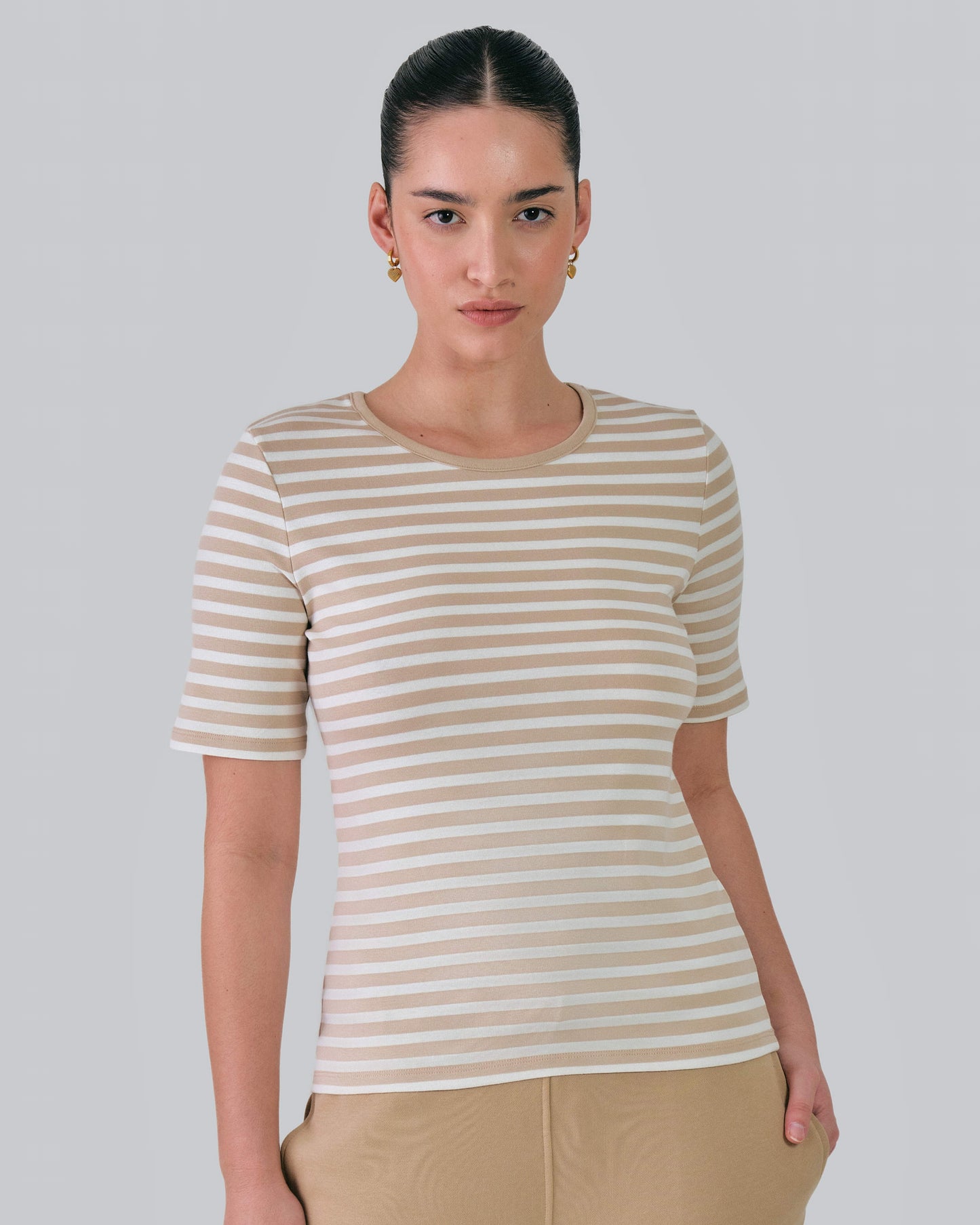 Slim Striped 1X1 Ribbed T-Shirt Dry Sand / M