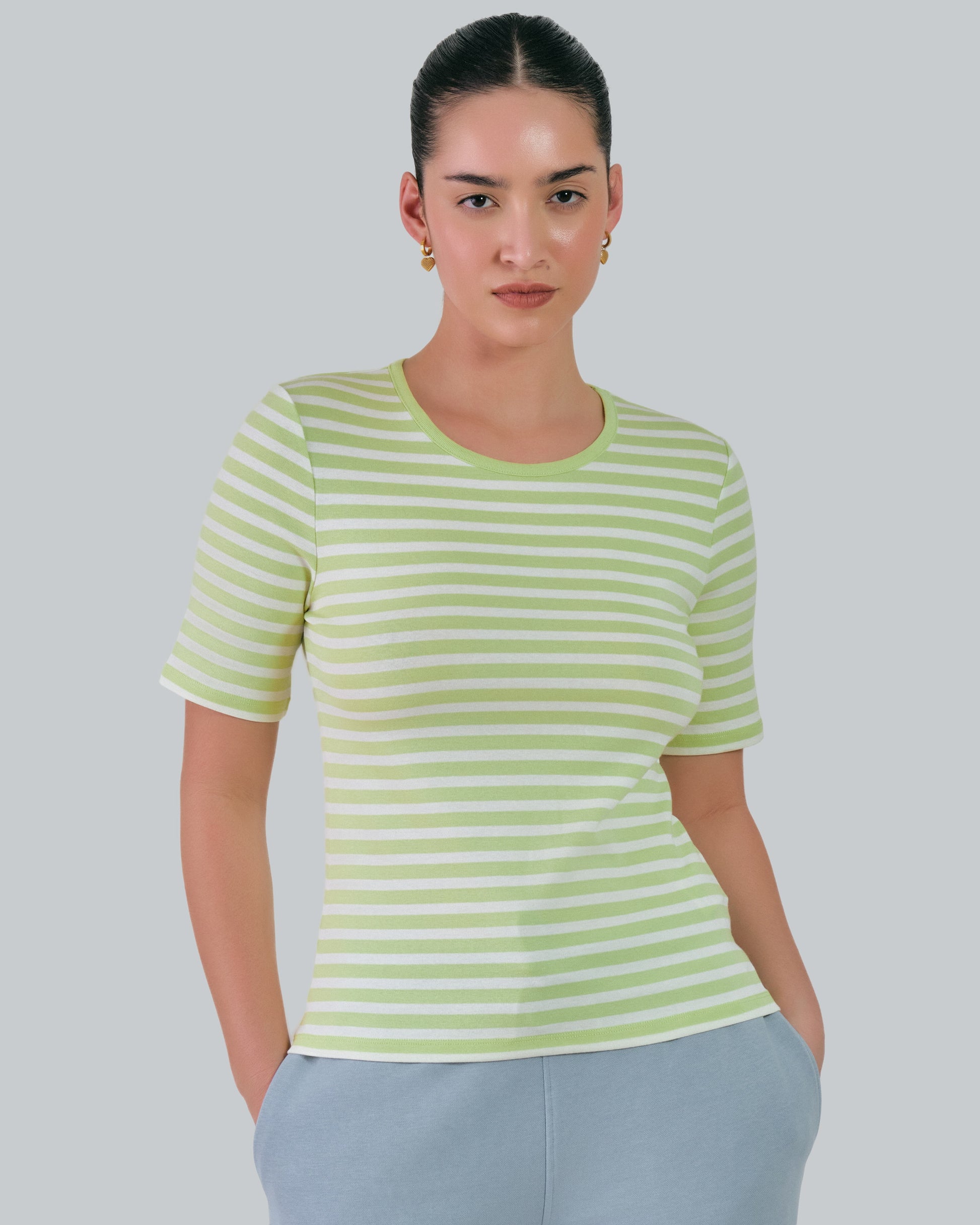 Slim Striped 1X1 Ribbed T-Shirt Pastel Lime / M