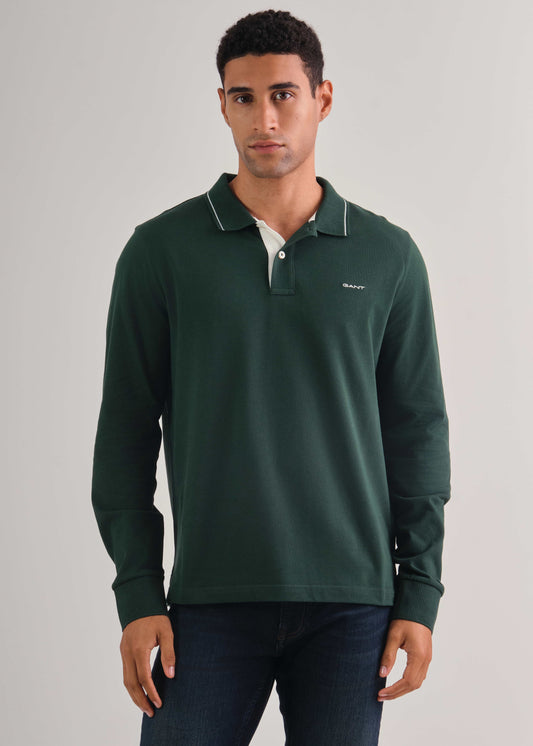 Textured Collar Long Sleeve Polo Shirt Tartan Green / M