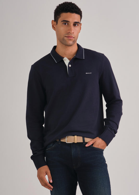 Textured Collar Long Sleeve Polo Shirt Evening Blue / M