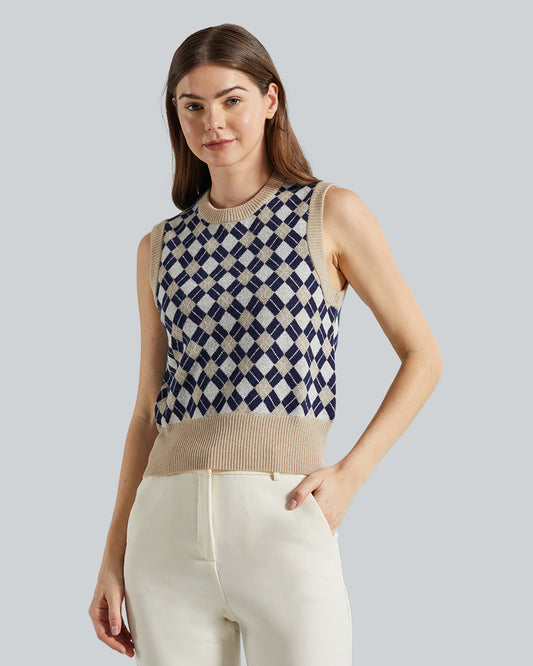 Gant Argyle Crewneck Vest – Structured Fit, Wool-Blend Fabric Caramel Beige / M