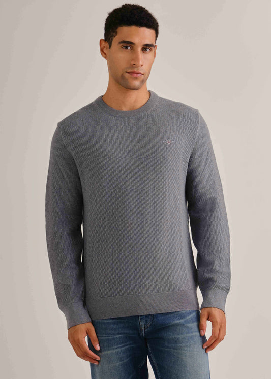 Micro Textured Cotton Crew Neck Sweater Dark Grey Melange / M