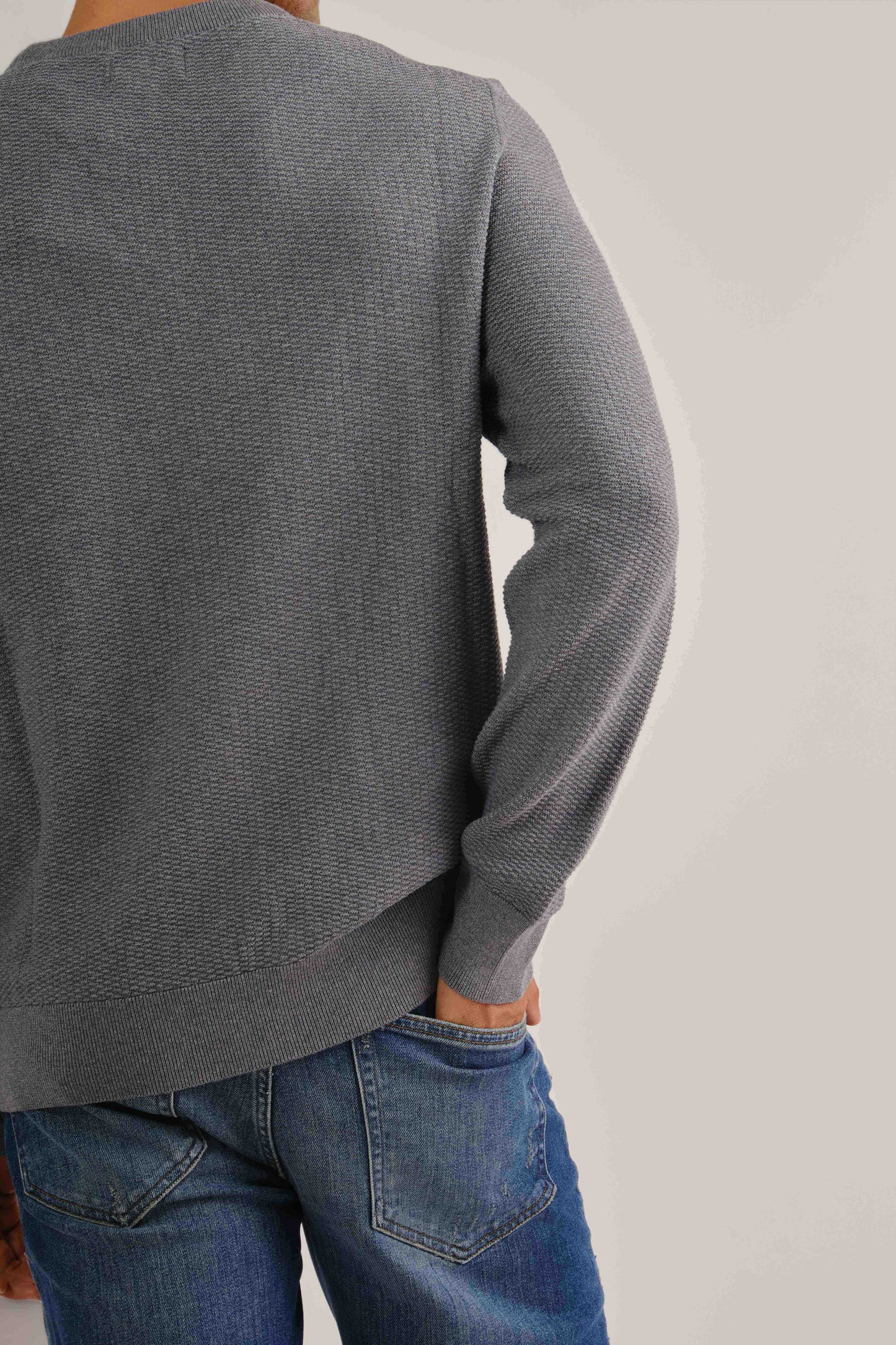 Micro Textured Cotton Crew Neck Sweater Dark Grey Melange / M