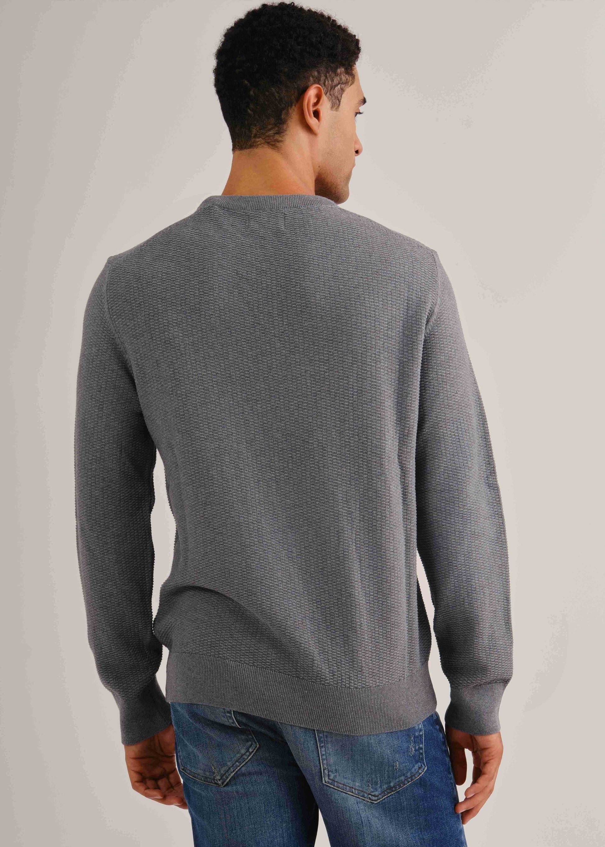 Micro Textured Cotton Crew Neck Sweater Dark Grey Melange / M