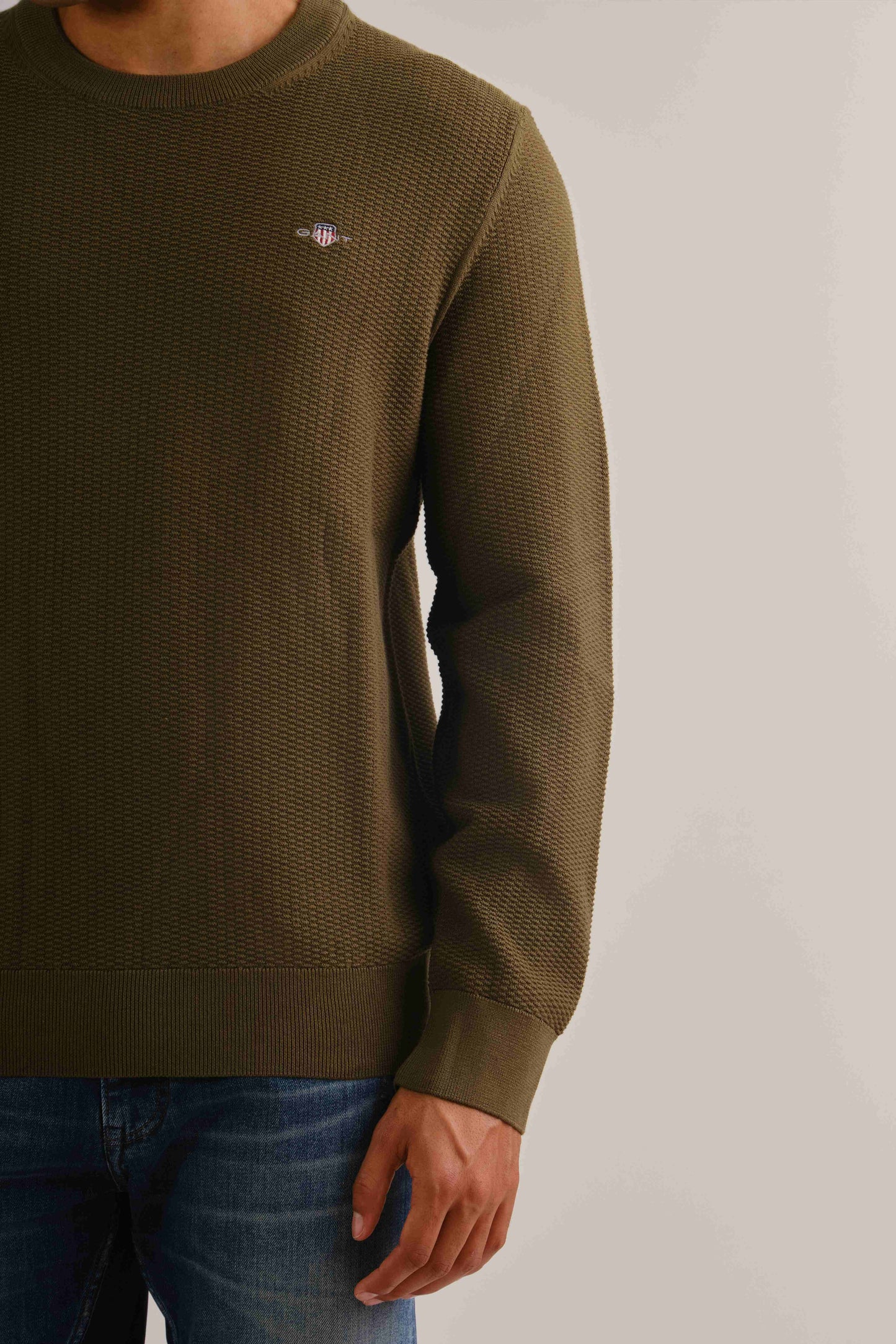 Micro Textured Cotton Crew Neck Sweater Juniper Green / M