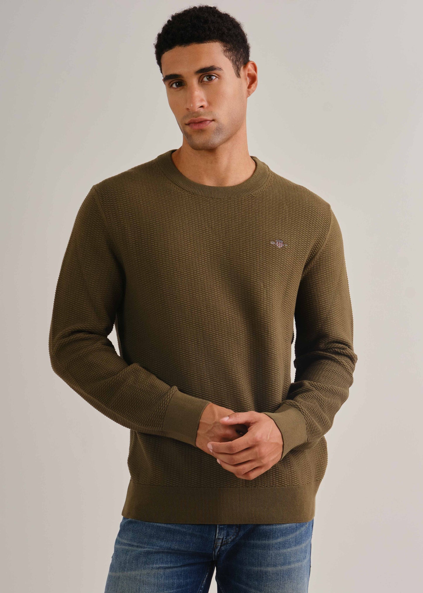 Micro Textured Cotton Crew Neck Sweater Juniper Green / M